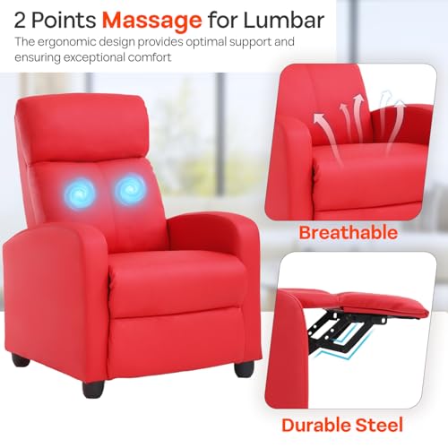 FDW Recliner Chair Massage Chair Reading Chair Reclining Sofa Home Theater Seating with Lumbar Support Massage and Padded Backrest for Living Room and Bedroom (Leather, Red)