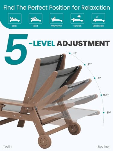 SERWALL Textilene Patio Chaise Lounge Chair Set of 2, 5 Positions Outdoor Lounger with Rolling Wheels for Pool, Deck, Brown