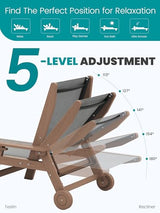 SERWALL Textilene Patio Chaise Lounge Chair Set of 2, 5 Positions Outdoor Lounger with Rolling Wheels for Pool, Deck, Brown