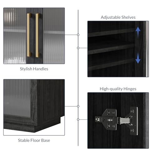 BELLEZE Coffee Wine Bar Cabinet with Power Outlet, 72" Rustic Liquor Cabinet, Tall Buffet Cabinet with Storage Kitchen Pantry Cupboard Wine& Glasses Rack Server with Hutch for Home Dining Room, Ebony BELLEZE