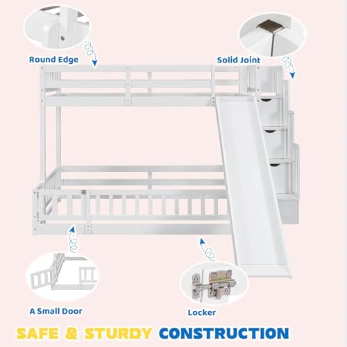 MoproBeti Twin Over Full Bunk Bed with Slide and Storage Stairs, Pine Wood Floor Kids Bunk Beds with Safety Fence Guardrails and Door for Girls Boys, White MoproBeti