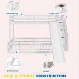 MoproBeti Twin Over Full Bunk Bed with Slide and Storage Stairs, Pine Wood Floor Kids Bunk Beds with Safety Fence Guardrails and Door for Girls Boys, White MoproBeti