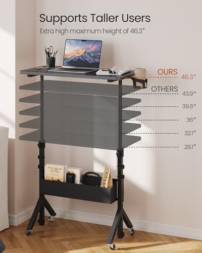 ErGear Mobile Standing Desk with Wheels, Adjustable Height 28.3″ to 46.3″, Rolling Laptop Cart with Cup Holder, Storage Basket, Computer & Pen Slot, Home Office Stand Up Desk, Black (31.5″ x 15.75″) ErGear