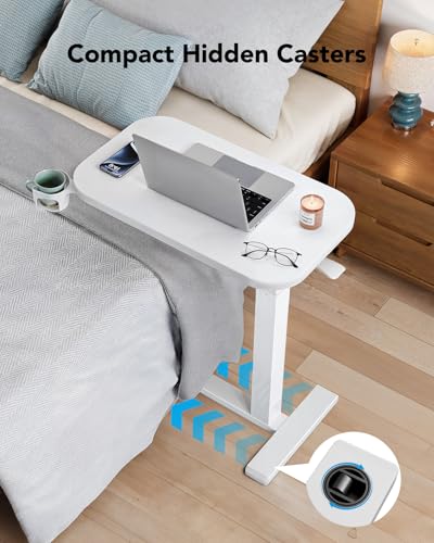 HUANUO 28Inch Bedside Table with Wheels, Height-Adjustable Rolling Computer Cart, Overbed Table with Cup Holder, Pneumatic Laptop Standing Desk for Home Office, White HUANUO