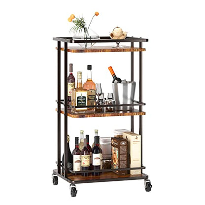 OKZEST 3 Tier Bar Cart for Home, Rolling Mini Liquor Bar for Wine Beverage Dinner Party, Utility Kitchen Storage Island Serving Cart on Wheels, Coffee Bar Cabinet for Kitchen Dining Living Ro - WoodArtSupply