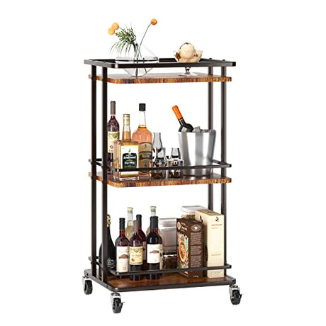 OKZEST 3 Tier Bar Cart for Home, Rolling Mini Liquor Bar for Wine Beverage Dinner Party, Utility Kitchen Storage Island Serving Cart on Wheels, Coffee Bar Cabinet for Kitchen Dining Living Room, Brown OKZEST