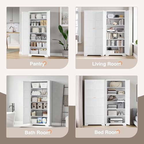 Yizosh Metal Storage Cabinet with 2 Doors and 5 Adjustable Shelves - 71" White Kitchen Pantry Storage Cabinet, 5-Tier Tall Steel Cabinet Locker for Kitchen,Dining Room,Living Room Yizosh