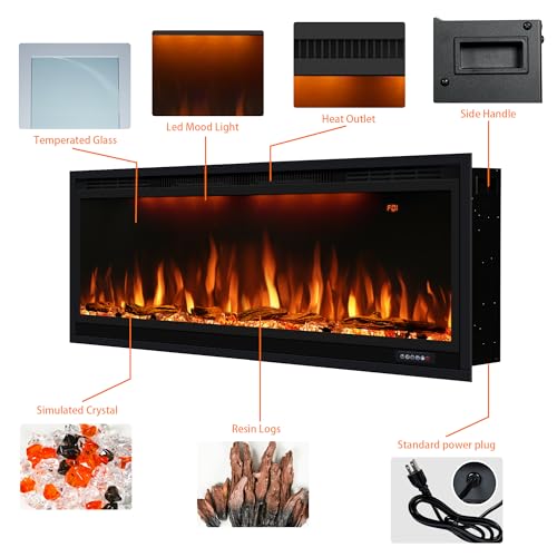 42 inch Smart Electric Fireplace with App Control, Wall Mount & in Wall recessed Fireplace Inserts, Multicolor Flame w/Realistic Log &Crystals, Overheating Protection and Timer, 750W/1500W, Black Dreamflame