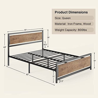 Gizoon Queen Metal Platform Bed Frame with Wooden Headboard, 15 Iron Slats, Large Underbed Storage, Easy Assembly, No Box Spring Needed