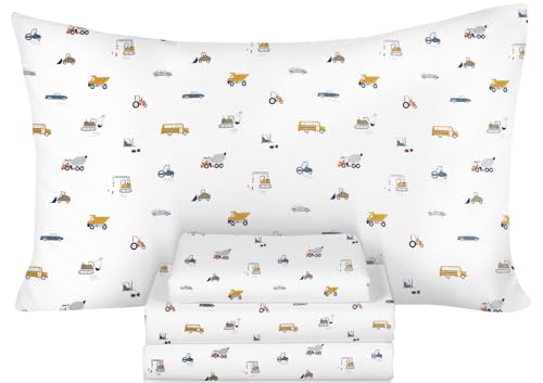 Ivellow Twin Sheets Set Kids 100% Natural Cotton Sheets Soft Breathable Durable Lightweight Crispy Percale Bed Sheets 16" Deep Pocket Excavator Car Patterned Kids Twin Bedding Dorm Essentials Ivellow