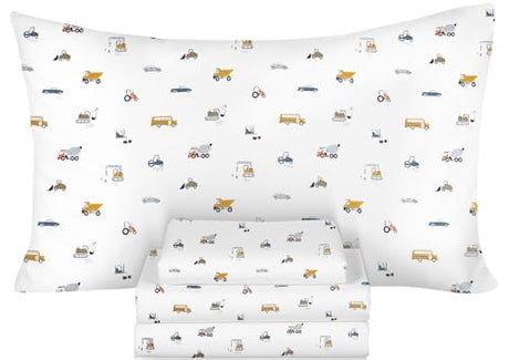 Ivellow Twin Sheets Set Kids 100% Natural Cotton Sheets Soft Breathable Durable Lightweight Crispy Percale Bed Sheets 16" Deep Pocket Excavator Car Patterned Kids Twin Bedding Dorm Essentials Ivellow