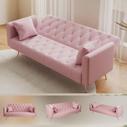 Modern Velvet Sofa Bed Futon with 2 Pillows,2-in 1 Convertible Sleeper Couch Bed,Folding Recliner Loveseat with Golden Metal Legs for Living Room Apartment Office (Light Pink) Anwick