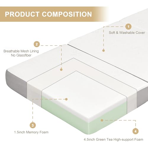 Lazyzizi Folding Mattress, 6 Inch Memory Foam Tri-fold Mattress with Breathable & Washable Bamboo Fiber Fabric Cover, Foldable Floor Guest Bed for Camping, Road Trip, Twin Lazyzizi