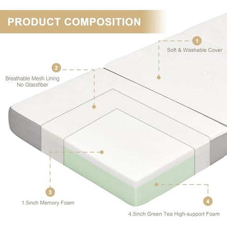 Lazyzizi Folding Mattress, 6 Inch Memory Foam Tri-fold Mattress with Breathable & Washable Bamboo Fiber Fabric Cover, Foldable Floor Guest Bed for Camping, Road Trip, Twin Lazyzizi