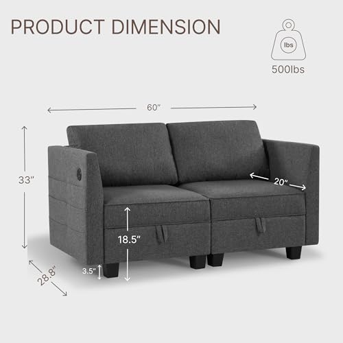 KISLOT Modular Sectional Sofa 60" Loveseat with Storage Modern Convertible Couch with USB Port for Small Space,Apartment,Bedroom KISLOT