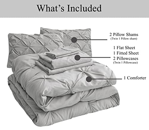 LANE LINEN Twin Sized Comforter Set – 5 Pc Luxury Down-Alternative - Pintuck Stitch Design Bedding - 1 Comforter, 1 Flat Sheet, 1 Fitted Sheet, 1 Pillowcase & 1 Sham - Easy Care, Machine Wash – Silver LANE LINEN