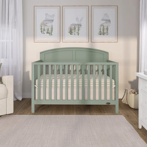 Dream On Me Storybrooke 5-in-1 Convertible Full-Size Baby Crib, GreenGuard Gold & BSA Certified, Convert to Toddler, Day & Full-Size Bed Sustainable Pinewood, 3 Mattress Height Settings - Meadow Green