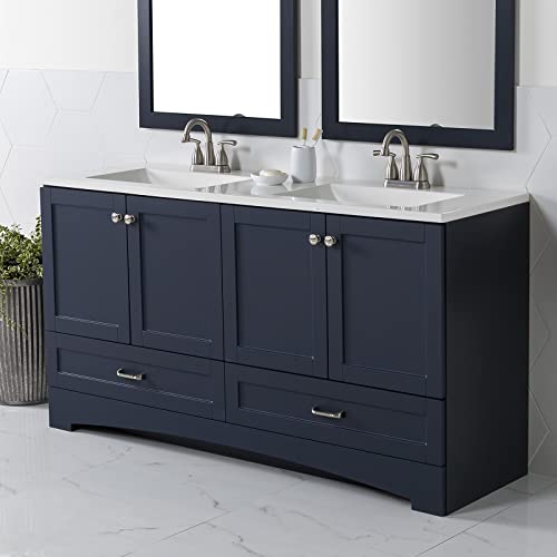 Spring Mill Cabinets Emlyn 60 Inch Double-Sink Bathroom Vanity with White Top, 2 Cabinets, 2 Drawers, 60.5" W x 18.75" D x 32.89", Deep Blue Spring Mill Cabinets