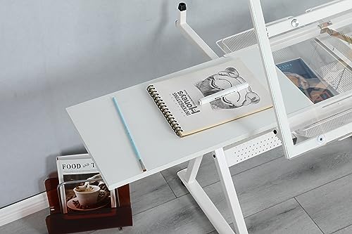 Landpink Glass Drafting Table Art Desk – Adjustable Professhional Artwork Drawing Drafting Table Desk, Glass-Topped Art Table for Craft Station Studio Home Office School w/Drawers/Chair (White) Landpink