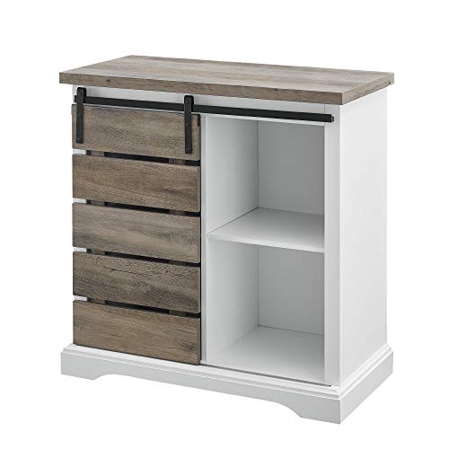 Walker Edison Willa Modern Farmhouse Sliding Single Slat Door Storage Console, 32 Inch, White and Grey Wash - WoodArtSupply