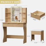 Vanity Desk with LED Lights Mirror & Power Outlet, Small Makeup Vanity Table Set with Storage Drawers & Chair, 3 Lighting Modes & Adjustable Brightness, Dressing Table for Women Girls Bedroom, Oak Xixini
