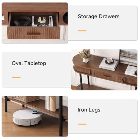 ONBRILL 47 Inch Fluted Console Table with Drawers, Entryway Table with Storage, Oval Sofa Tables Behind Couch, Mid-Century Modern Hallway Tables for Entryway, Hallway, Small Spaces, Walnut ONBRILL