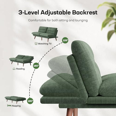 Marsail 66.1" Futon Sofa Bed, Corduroy Convertible Futon Couch with Adjustable Backrest & Armrests, Small Sleeper Sofa Loveseat for Small Apartments, Study Room, Office, Green Marsail