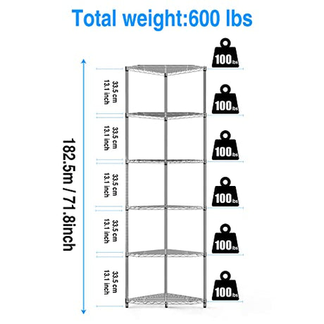 6 Tier NSF Metal Shelf Pentagonal Corner Wire Shelving Unit, 600lbs Capacity Heavy Duty Adjustable Storage Rack with Shelf Liners for Kitchen Garage Office Etc Room Corner, 72"H x 20"L x 20"D - Chrome pouseayar