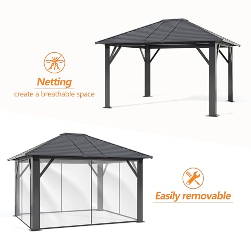 GARTOO 10' x 12' Patio Hardtop Gazebo - Outdoor Metal Hard Top with Breathable Mesh, Galvanized Steel Top Gazebo for Garden, Lawn, Outdoor Party (Black) GARTOO