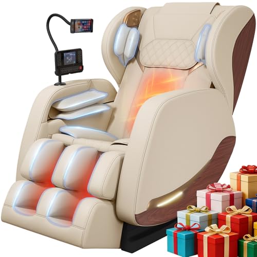 2026 Massage Chair, Massage Chairs Full Body and Recliner with 10 Fixed Points, Zero Gravity, Wood Grain Leather, Foot Massage, Airbags, Lumbar Heating, Bluetooth and Control Screen (Leather White) yewglen