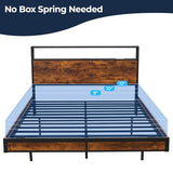 BedsPick Queen Size Bed Frame with 2-Tier Storage Headboard, Sturdy Metal Platform Bed Frame with Charging Station & LED Lights, Noise-Free/Metal Support/No Box Spring Needed, Rustic Brown BedsPick