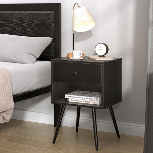 VECELO Nightstands Set of 2, Mid Century Modern End Bedside Table, Night Stand with Storage Drawer and 2 Tiers Open Shelf for Small Place, Bedroom, Living Room, Easy Assembly, Black VECELO