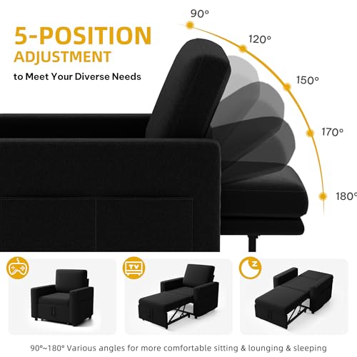 DWVO Convertible Sleeper Chair, 3-in-1 Sofa Bed with Reclining Backrest, 75" Single Sleeper Couch with Pull-Out Bed and Wide Armrest, Linen Futon Sofa for Dorm Apartment, Black DWVO