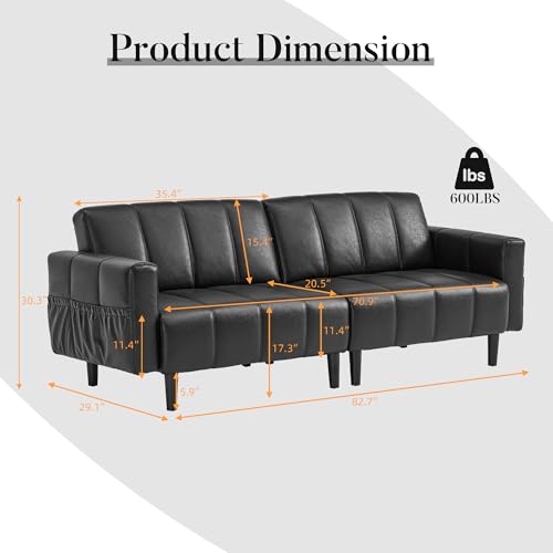 GULFXDS 83" Leather Couch for Living Room, Mid Century Modern 3 Seater Faux Leather Sofa, Comfy Convertible Futon Sofa with Adjustable Backrest for Office, Apartment (Black) GULFXDS