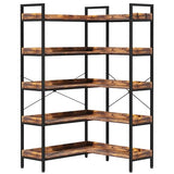 KOUSEI 5-Tier Bookshelf Reversible,Corner Bookcase 4 Hooks,65" Industrial Wooden Bookcase with Open Wide Shelves and Metal Frame for Living Room, Bedroom, Home Office,Rustic Brown KOUSEI