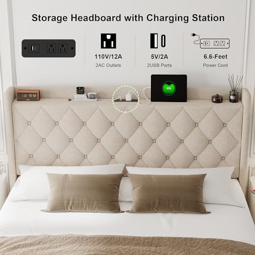 Feonase Full Size Bed Frame with Storage & Charging Station - Hydraulic Lift Up Platform Bed, Upholstered Button Tufted Headboard, Sturdy Wooden Slats, Noise-Free, No Box Spring Needed,Beige Feonase