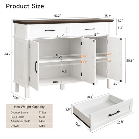 48 Inches Buffet Cabinet with Storage, Farmhouse Sideboard Buffet w/2 Drawers and 3 Doors, Wood Coffee Bar Cabinet with Adjustable Shelves, Sideboard Storage for Kitchen, Living Room, Off White ONBRILL