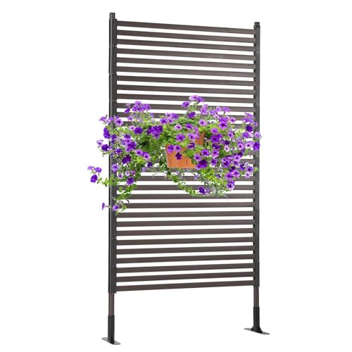 Metal Outdoor Privacy Screen with Stand, 3 ft W x 6 ft H PE-Coating Steel Pipes and Slats Panels, Decoative Privacy Screen Fence Panels Freestanding for Outside Patio Garden Backyard, Brown OTOSUNNY