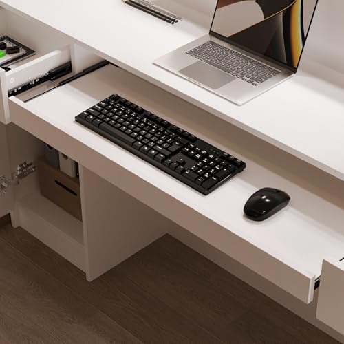AIEGLE 61" Reception Desk with LED Lights & Lockable Drawers, Check Out Counter w/Cabinet & Display Shelves, Modern White Front Reception Desk w/Keyboard Tray for Lobbies, Salons, Retail AIEGLE