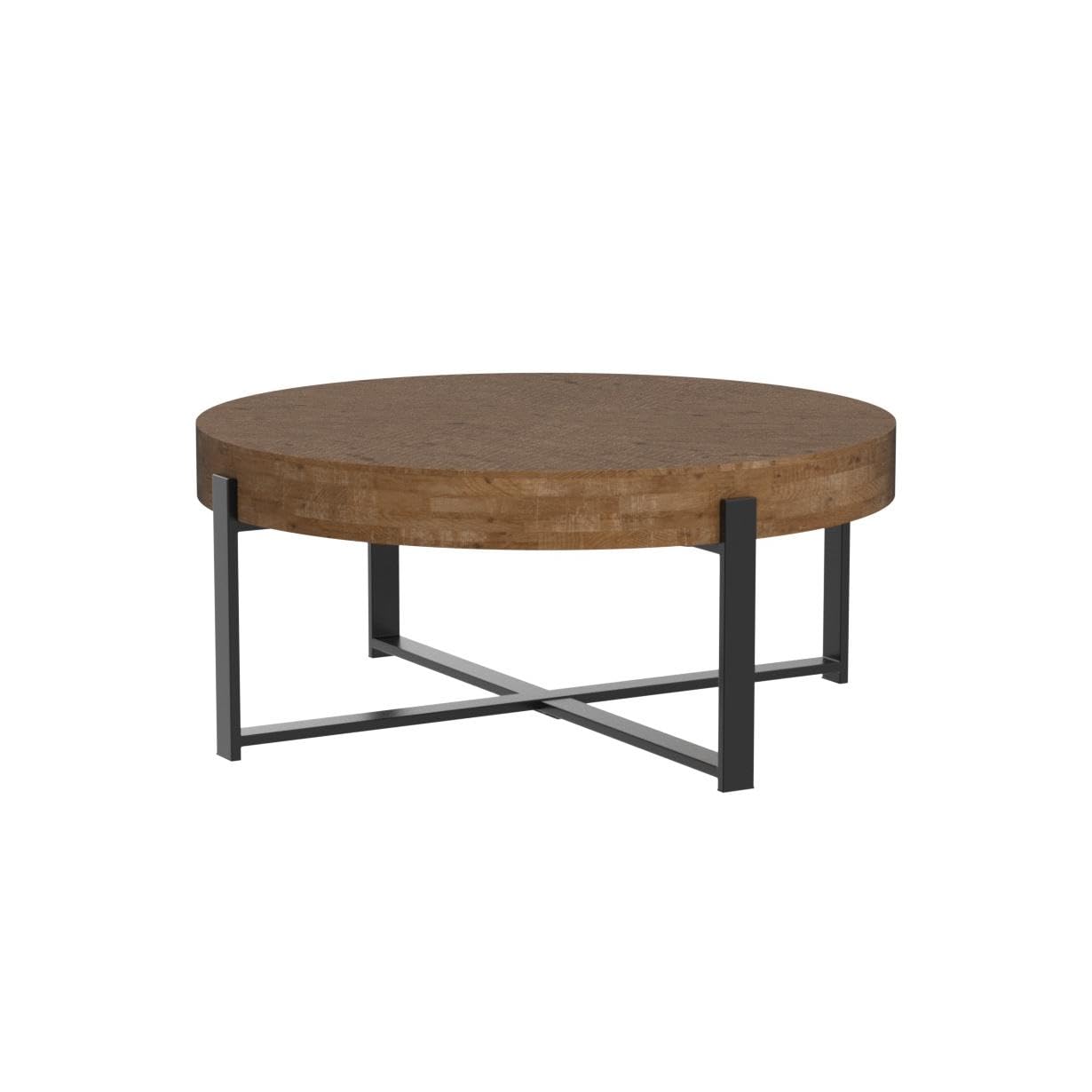 31.29" Modern Retro Splicing Round Coffee Table,Fir Wood Table Top with Black Cross Legs Base