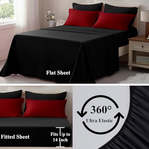 ELNIDO QUEEN® King Size Bed in a Bag 7 Pieces, Red and Black Bed Comforter Set King Size, All Season Soft Bedding Sets with Reversible Comforter, Flat Sheet, Fitted Sheet, Pillowcases and Pillow Shams
