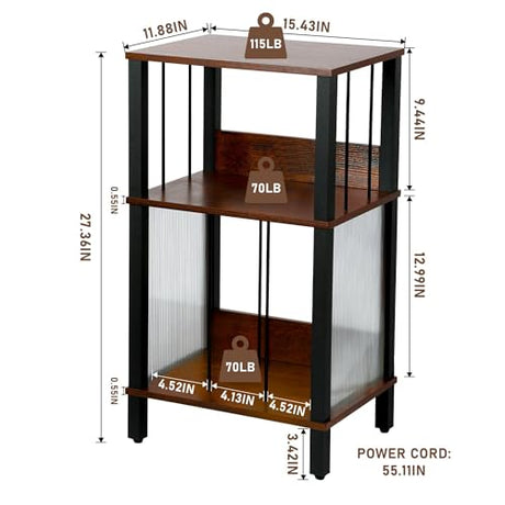 DGSANDGO Mid-Century Now Playing Vinyl Record Stand, Record Player Stand, End Table with Charging Station, 3 Tier Rustic Brown w/Guard Rails, Holds 100 Vinyl Albums, for Living Room Bedroom Office DGSANDGO