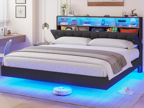 BTHFST King Size Floating Bed Frame with LED Lights, Charging Station & Hidden Storage Headboard in Dark Grey - WoodArtSupply