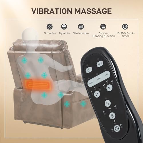 HOMCOM Power Lift Recliner Chair for Elderly, Wide Faux Leather Lift Chair with Vibration Massage and Heat, Overstuffed Reclining Single Sofa with Remote, USB Port, Side Pockets, Brown