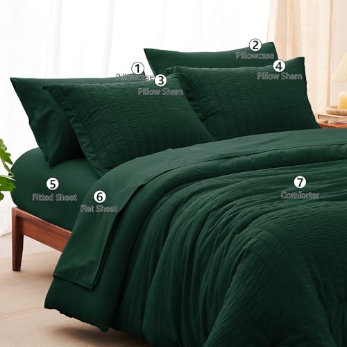 CozyLux King Size Comforter Set Emerald Green Seersucker 7 Pieces Bed in a Bag King Comforter Set with Sheets, Luxury Soft Bedding Set with Down Alternative Comforter, Sheets, Pillowcases & Shams CozyLux