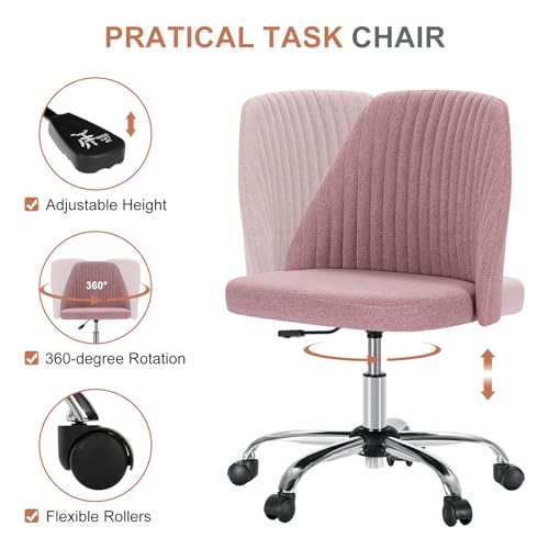 DUMOS Office Chair, Comfy Desk Chair Rolling Vanity Swivel Task Chairs with Wheels, Wide Seating Armless Height Adjustable Computer Chairs for Home,Bedroom,Student,Adults, Blush DUMOS