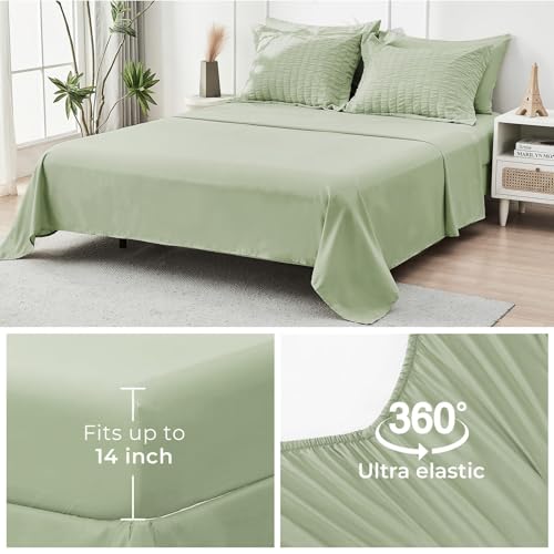 HYMOKEGE Light Green Queen Comforter Set Seersucker 7 Pieces, All Season Luxury Bed in a Bag for Bedroom, Bedding Set with Comforters, Sheets, Pillowcases & Shams HYMOKEGE