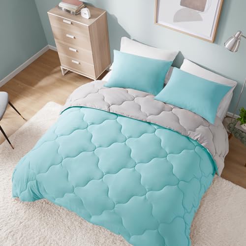 Comfort Spaces Vixie Reversible Comforter Set - Trendy Casual Geometric Quilted Cover, All Season Down Alternative Cozy Bedding, Matching Sham, Aqua/Gray, Full/Queen 3 piece Comfort Spaces