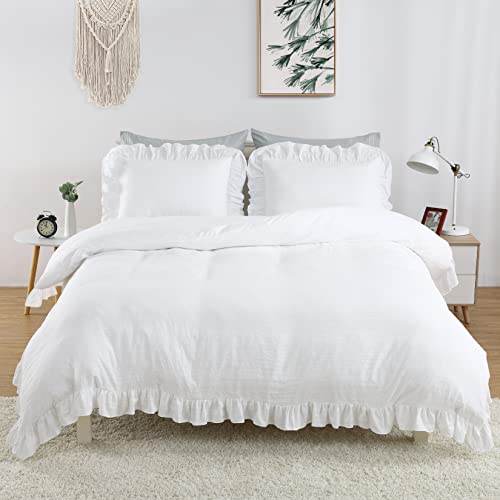 White Ruffled Duvet Cover Twin, 2PCS Soft Washed Microfiber Vintage French Country Duvet Cover Set for Kids Girls, White, 68x90 in CAROMIO