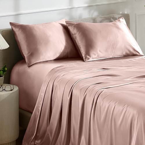 Bare Home Poly Satin Sheet Set - Twin Extra Long - Luxury Soft and Smooth Satin - for Hair and Skin - Breathable - Similar to Silk - Deep Pocket up to 15” - Bedding Sheet Set (Twin XL, Blush) Bare Home